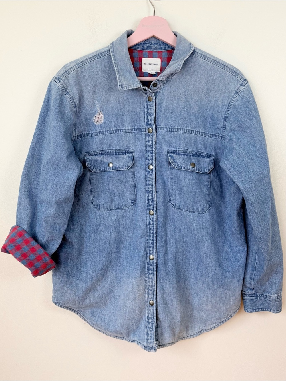 American Eagle Faded Denim Snap Front Shirt with Plaid Flannel Lining Medium